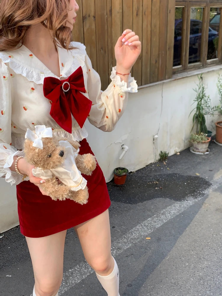 Kawaii Polka Dot Blouse With Sailor Collar And Red Bow