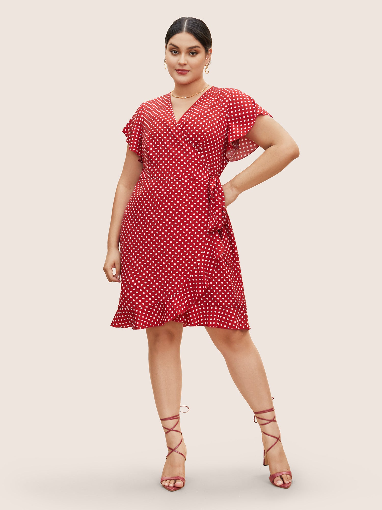 Polka Dot Wrap Ruffle Sleeve Tie Knot Dress