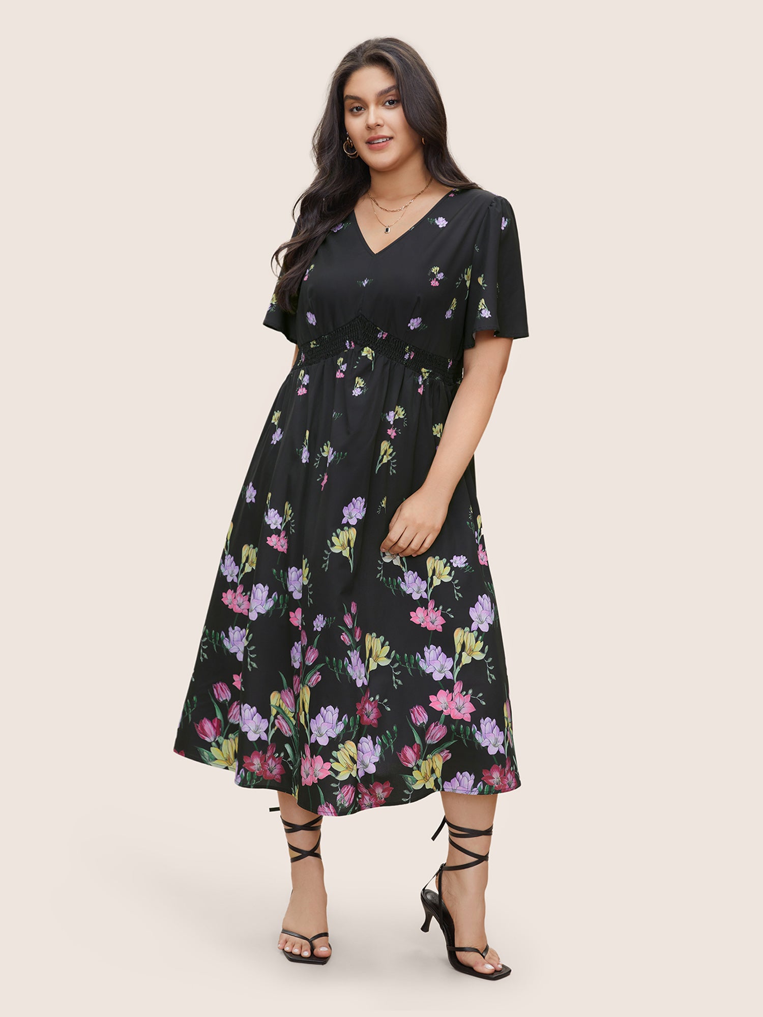 Floral Print Shirred Pocket Ruffle Sleeve Dress