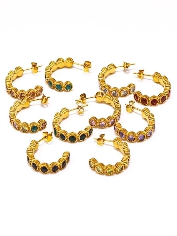 3 Pieces Elegant Vintage Style C Shape Inlay 304 Stainless Steel Artificial Gemstones Artificial Gemstones 18K Gold Plated Ear Studs