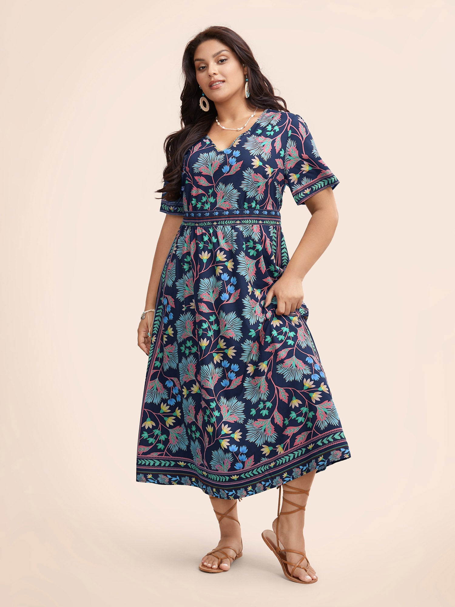 Boho Print Shirred Pocket Midi Dress