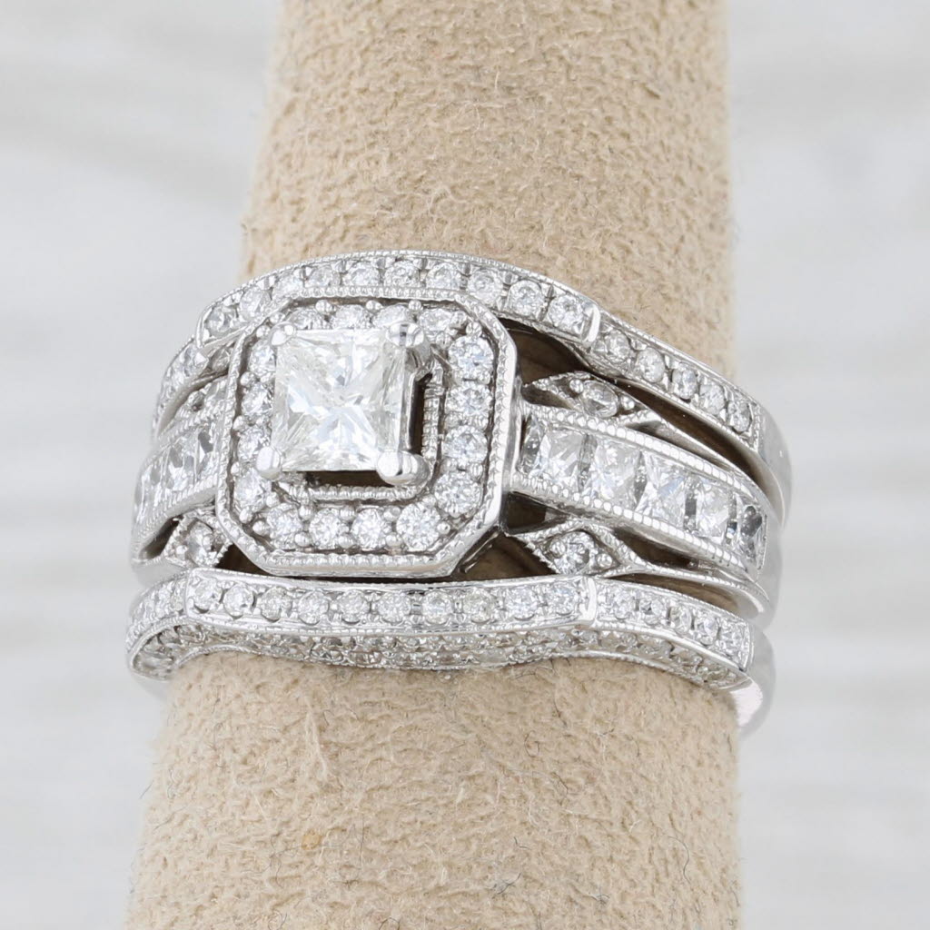 1.45ctw Diamond Halo Engagement Ring Wedding Band Bridal Set 14k White Gold