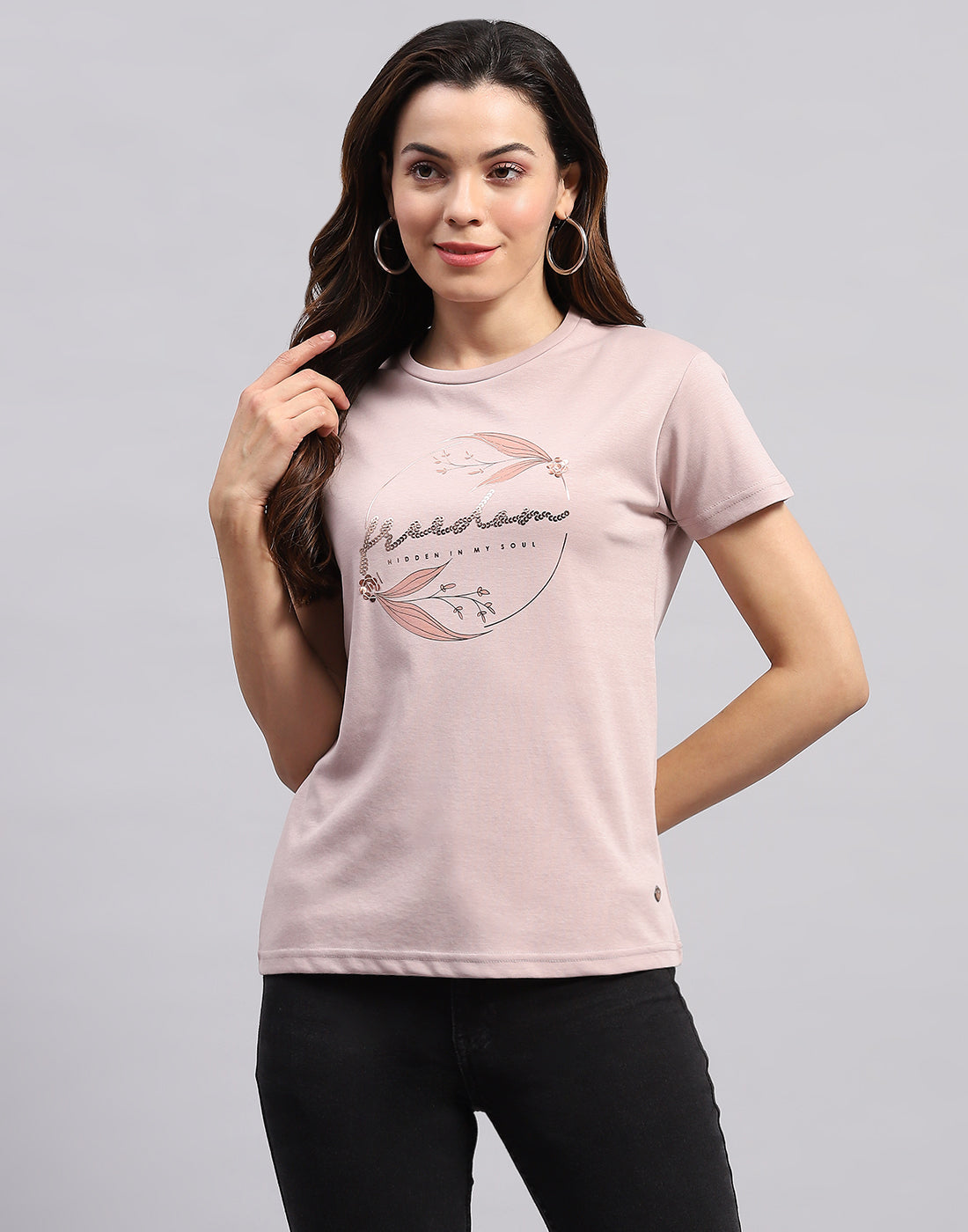 Women Pink Printed Round Neck Half Sleeve Top