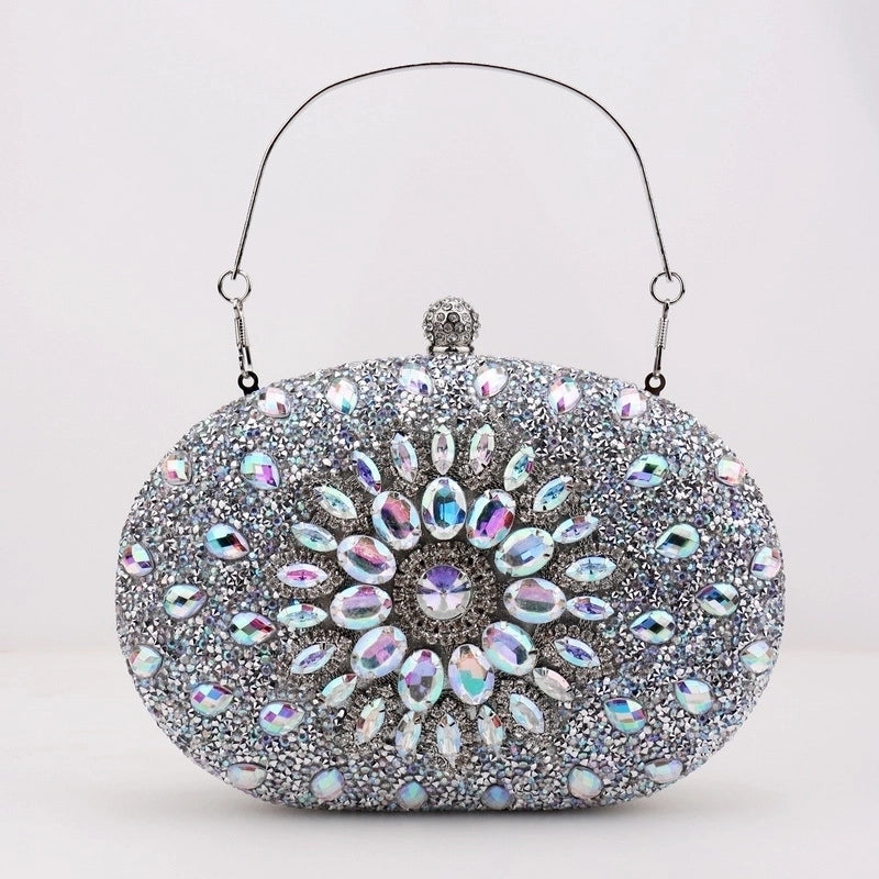 Red Green Blue Pu Leather Polyester Flower Rhinestone Oval Evening Bags