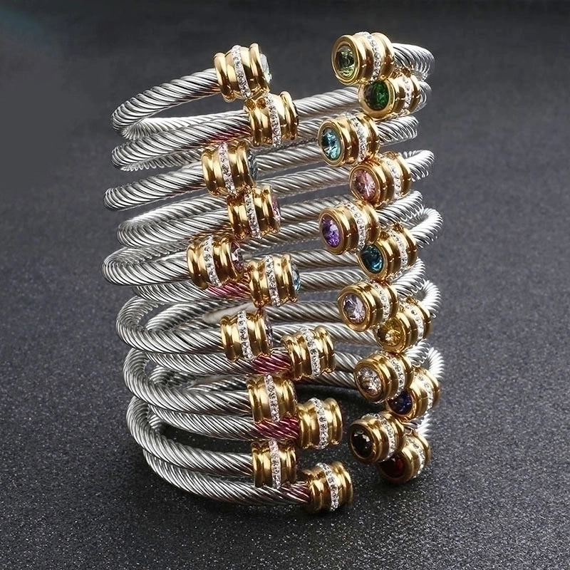 3 Pieces Minimalist Solid Color Stainless Steel Inlay Zircon Cuff Bracelets