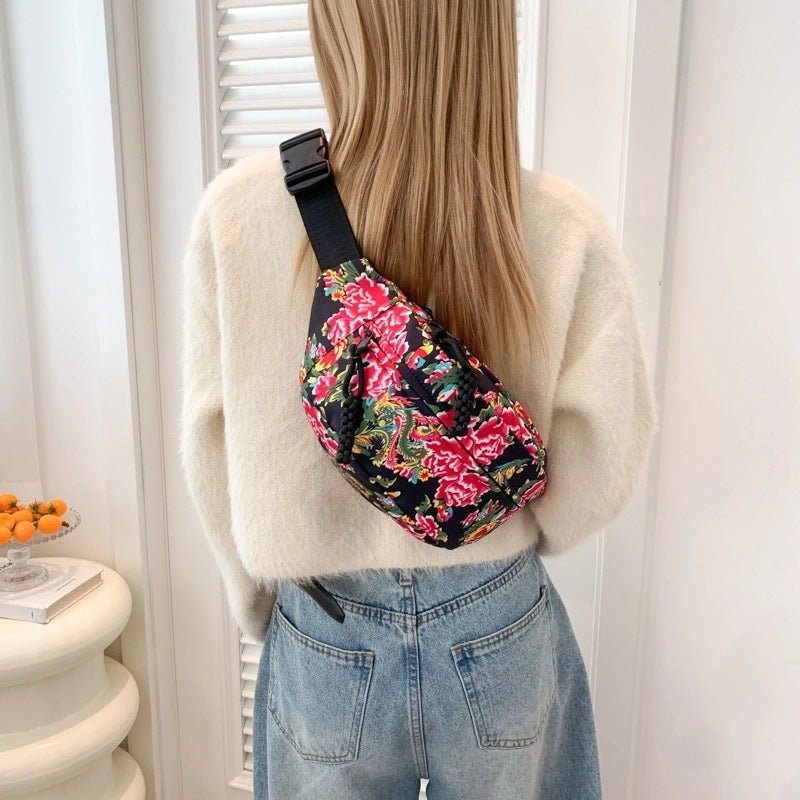 Women's Nylon Flower Vintage Style Classic Style Sewing Thread Square Zipper Shoulder Bag