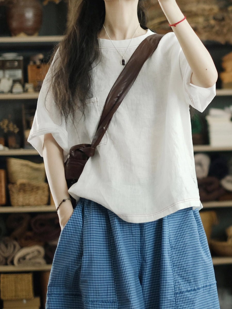 Women Summer Casual Pure Color Pocket 100%Linen O-Neck Shirt