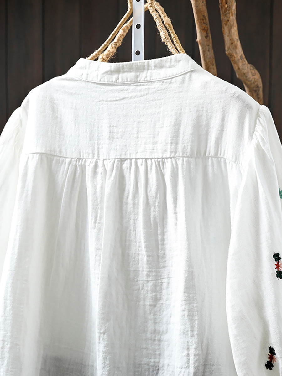 Women Summer Embroidery Stand Collar 100%Cotton Shirt