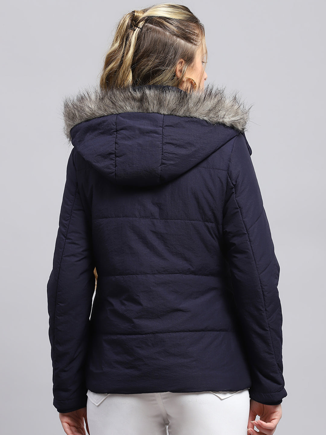 Women Navy Blue Solid Detachable Hood Full Sleeve Jacket