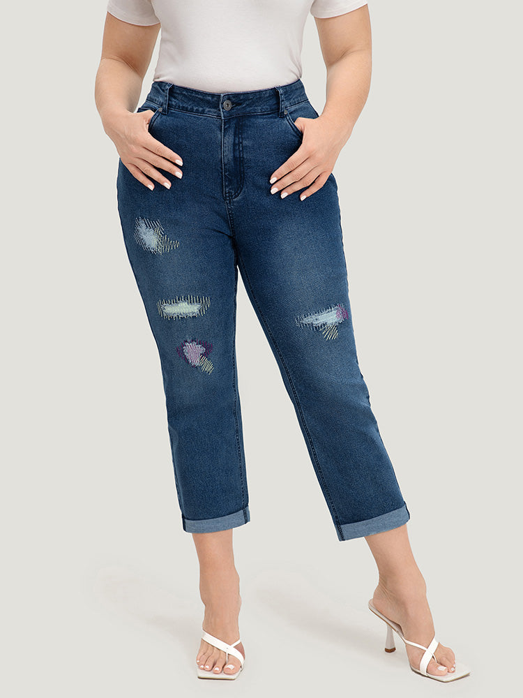 Ripped Embroidered Roll Hem Very Stretchy Jeans