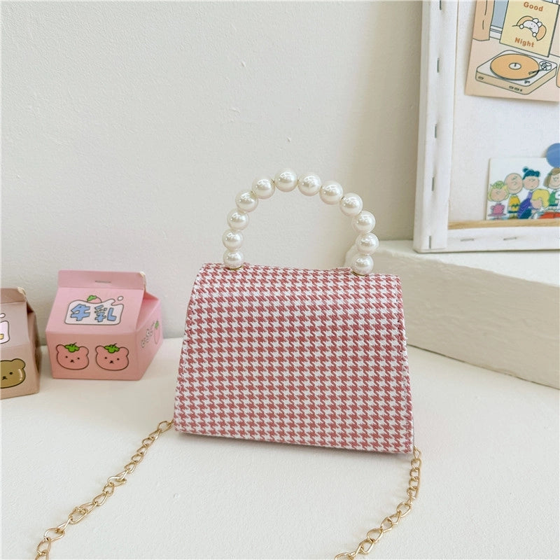 Girl's Pu Leather Houndstooth Bow Knot Cute Pearls Sewing Thread Square Magnetic Buckle Handbag