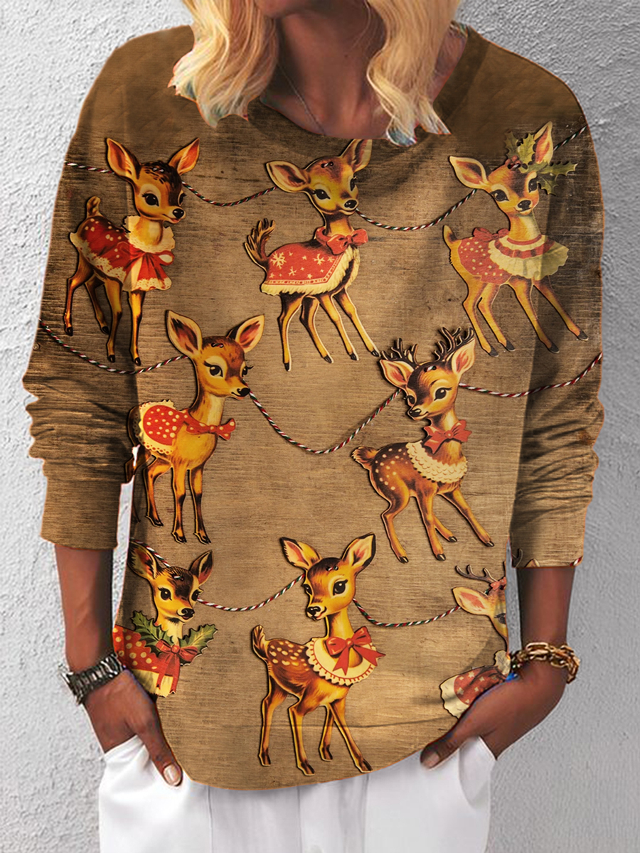 Vintage Christmas Elk Print Casual Long Sleeve Top