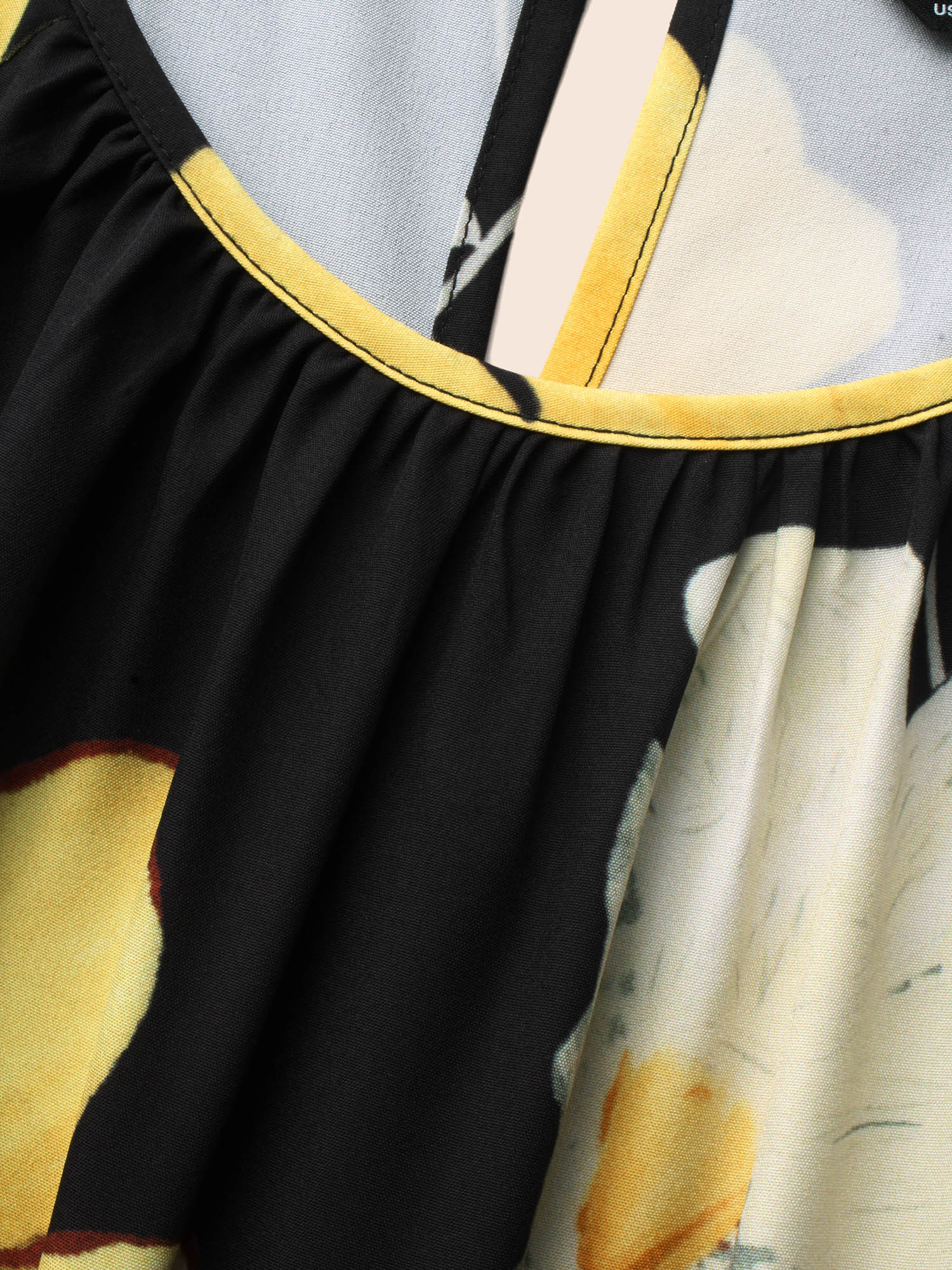Floral Round Neck Gathered Belted Dress