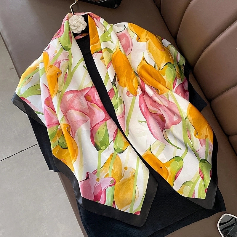 Women's Elegant Flower Satin Silk Scarf