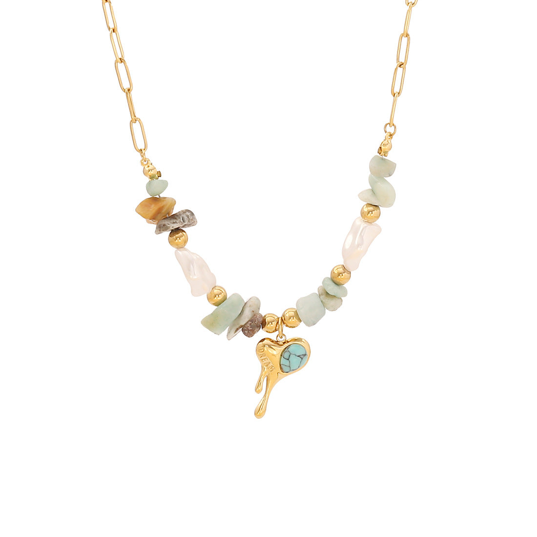 Natural Stone Beaded Necklace Set Eyes Heart Stainless Steel Pendant N1455