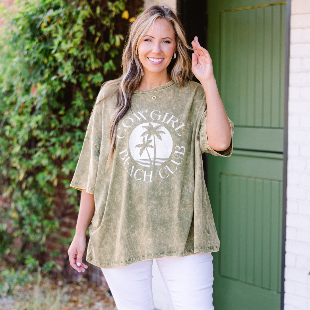 Cowgirl Club Acid Wash Boyfriend Tee. Golden Olive