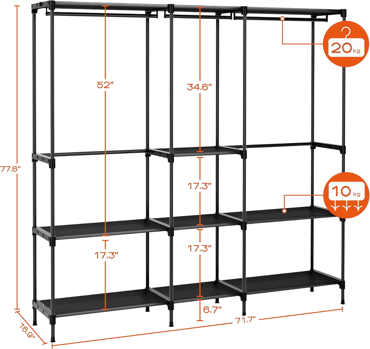 Clothes Rack, Portable Closet, 54.3 Inch Large Capacity Wardrobe Closet, Clothes Storage Organizer with Shelves and 3 Hanging Rods, Easy to Assembly, Black PCT022B01