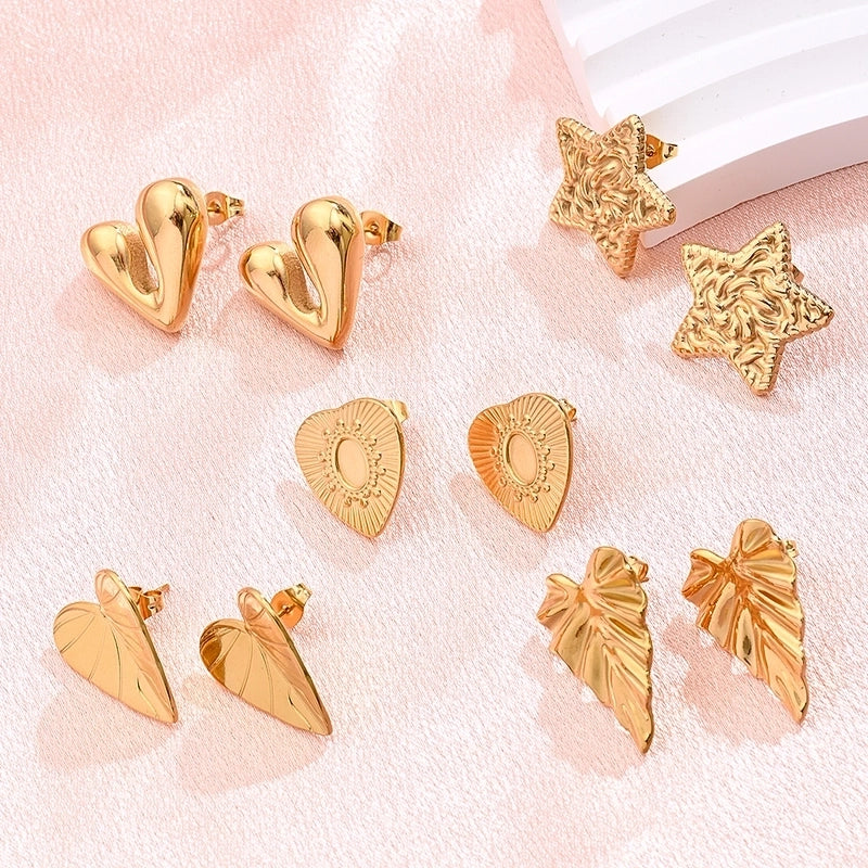 1 Pair/Package Modern Style Minimalist Pentagram Heart Shape Simple Handmade Three-dimensional Pleated 304 Stainless Steel Ear Studs