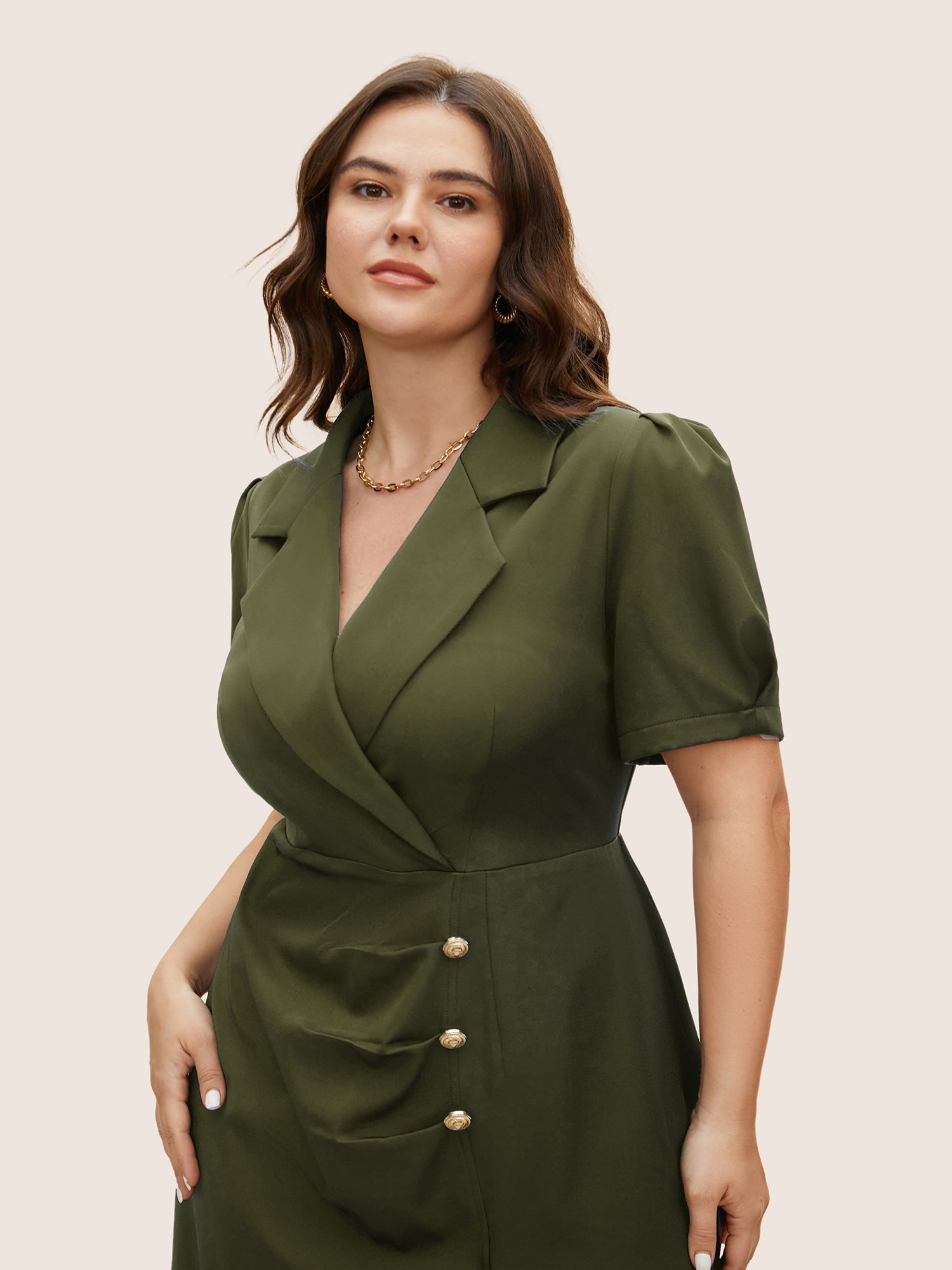 Suit Collar Metal Detail Lantern Sleeve Dress