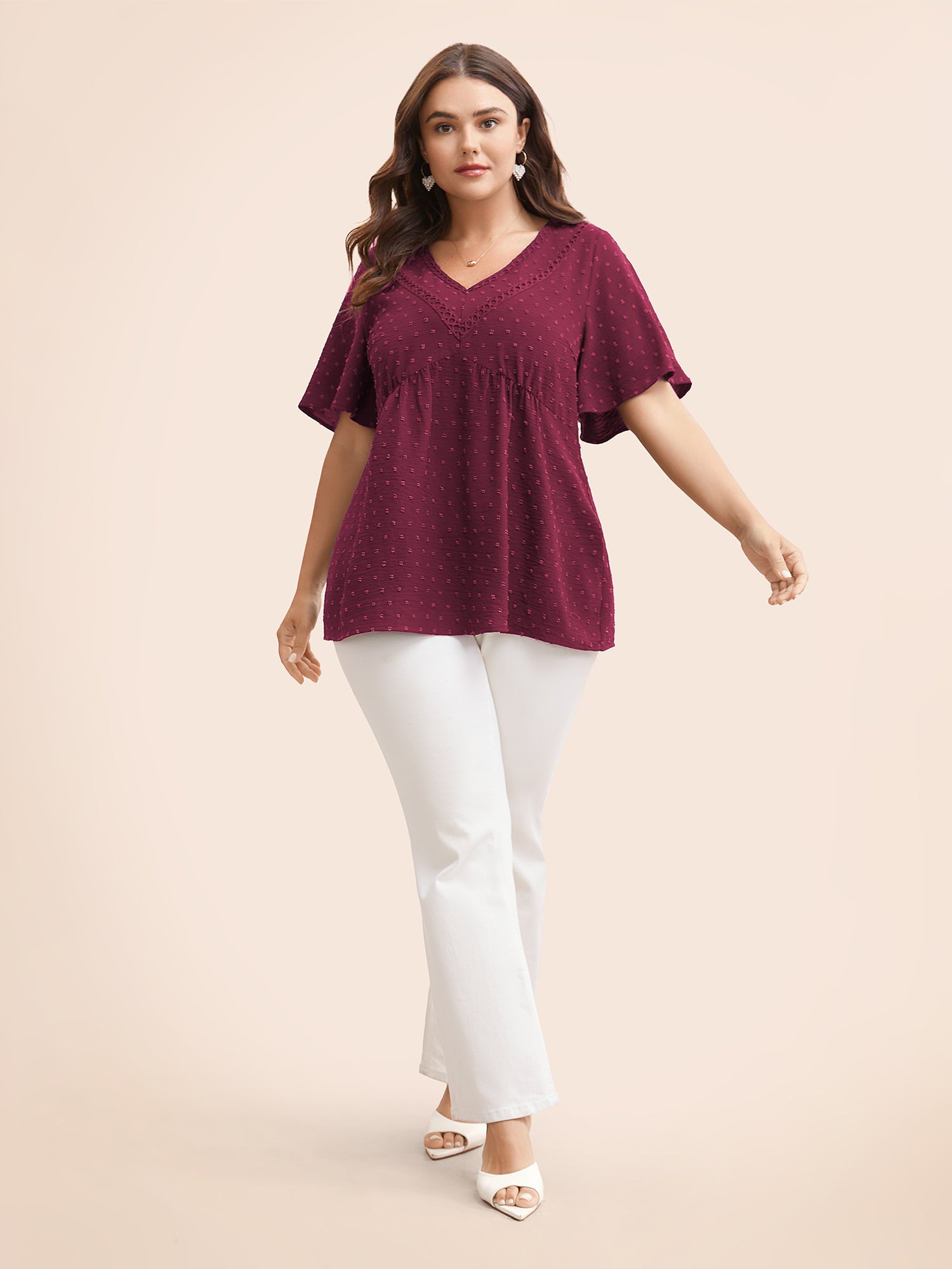 Polka Dot Frill Trim V Neck Flutter Blouse