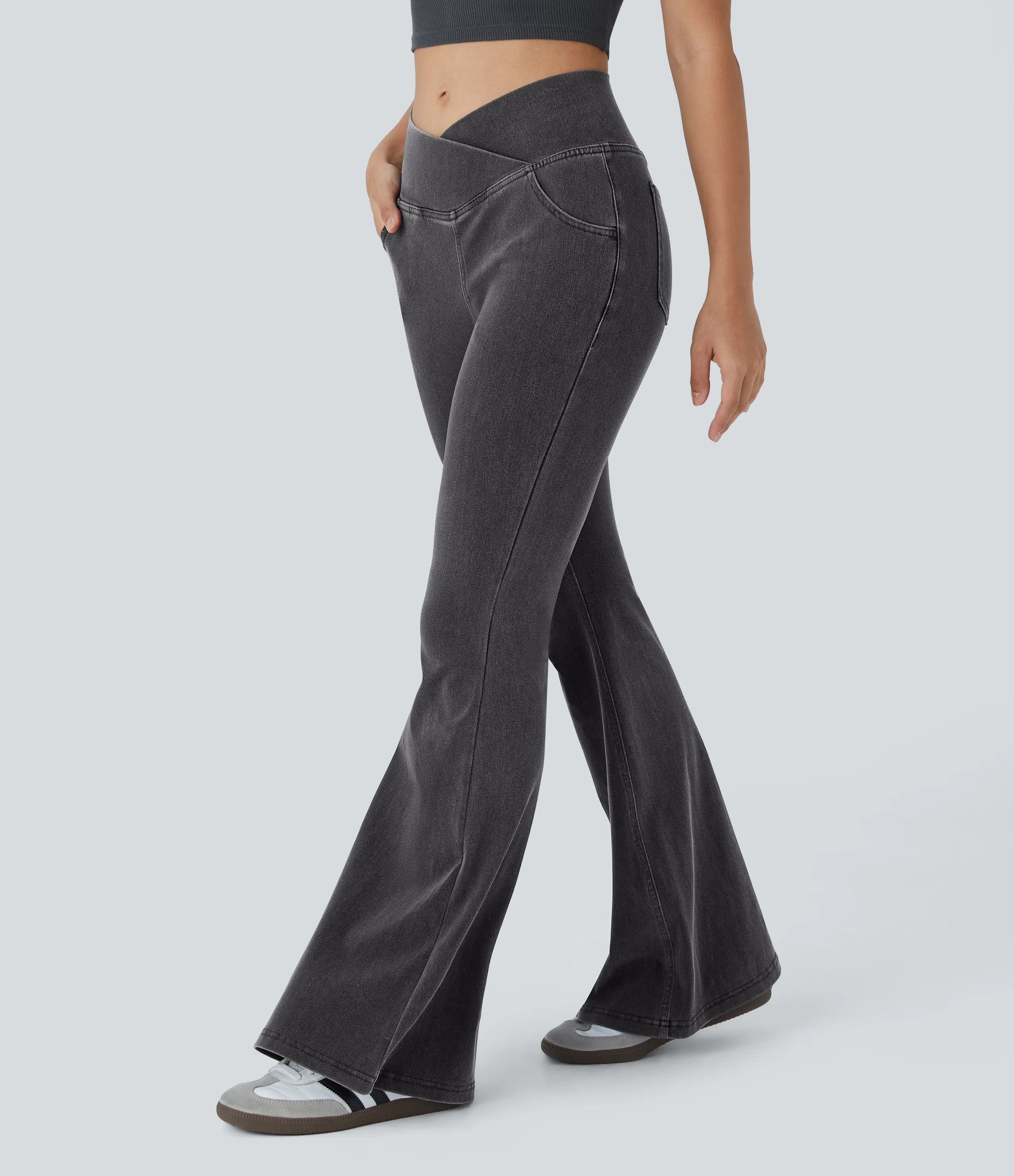 ⚡8 Packs for $25.95⚡- High Waisted Crossover Pocket Washed Stretchy Knit Casual Super Flare Jeans