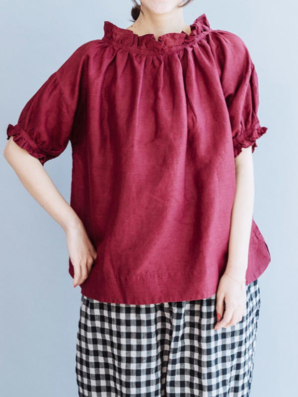 Half Sleeves Loose Ruffled Solid Color Round-Neck T-Shirts Tops