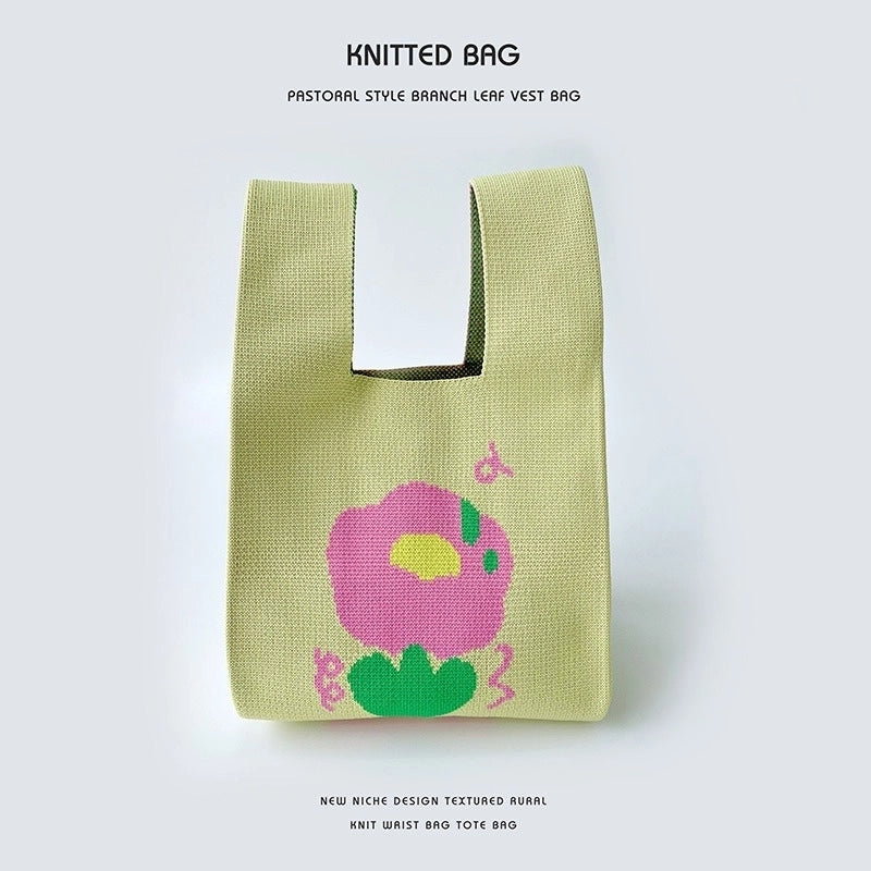 Women's Medium Knit Letter Flower Cute Vintage Style Square Open Handbag