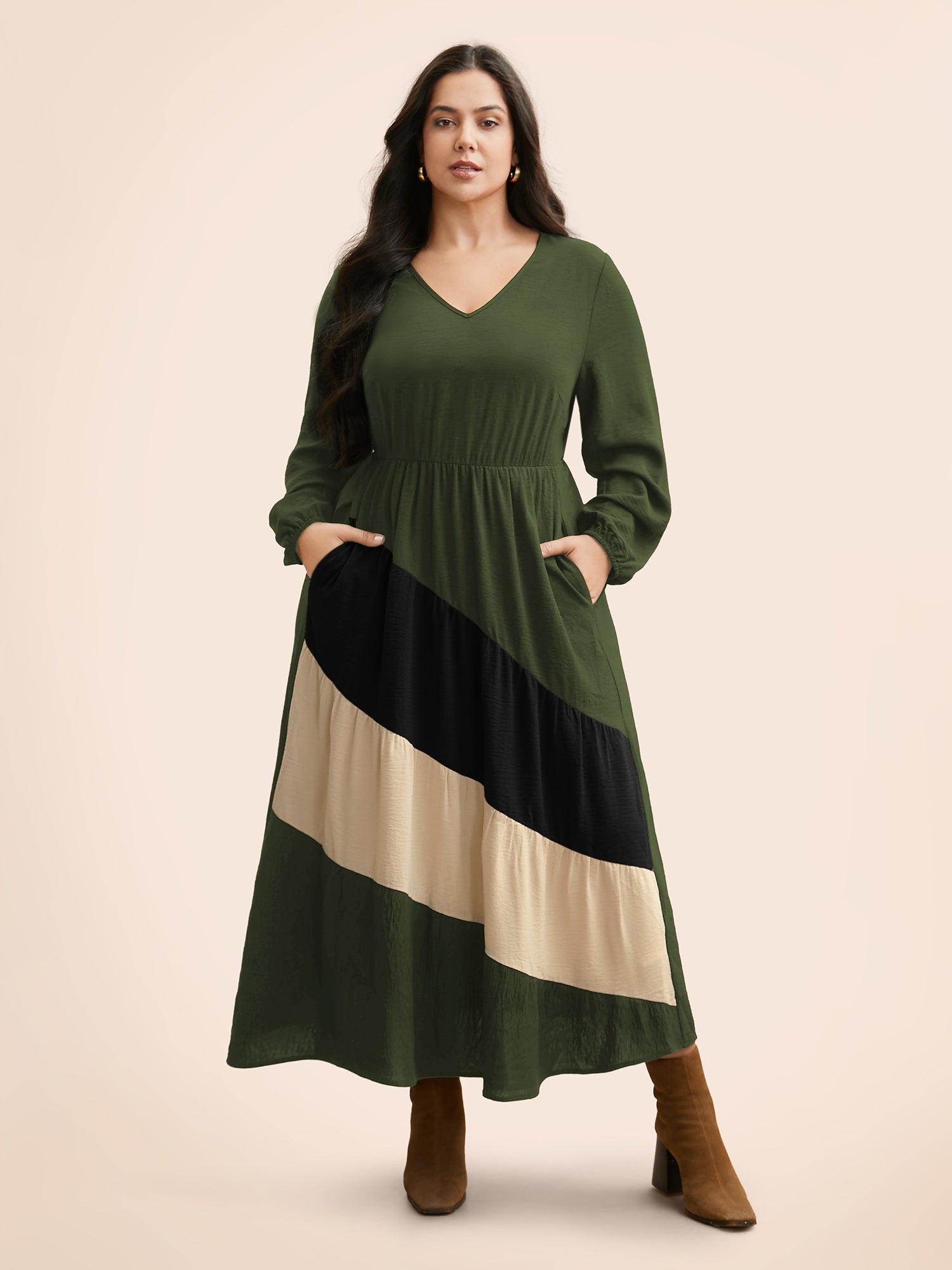 Colorblock Contrast Gathered Lantern Sleeve Dress