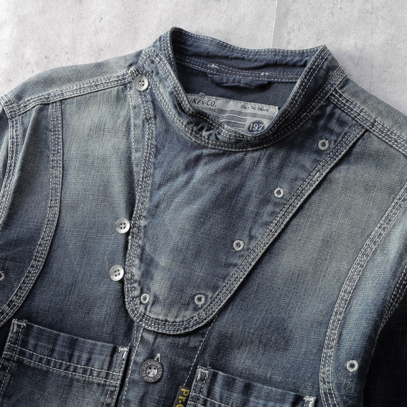 Vintage Stand Collar Denim Long Sleeve Shirt