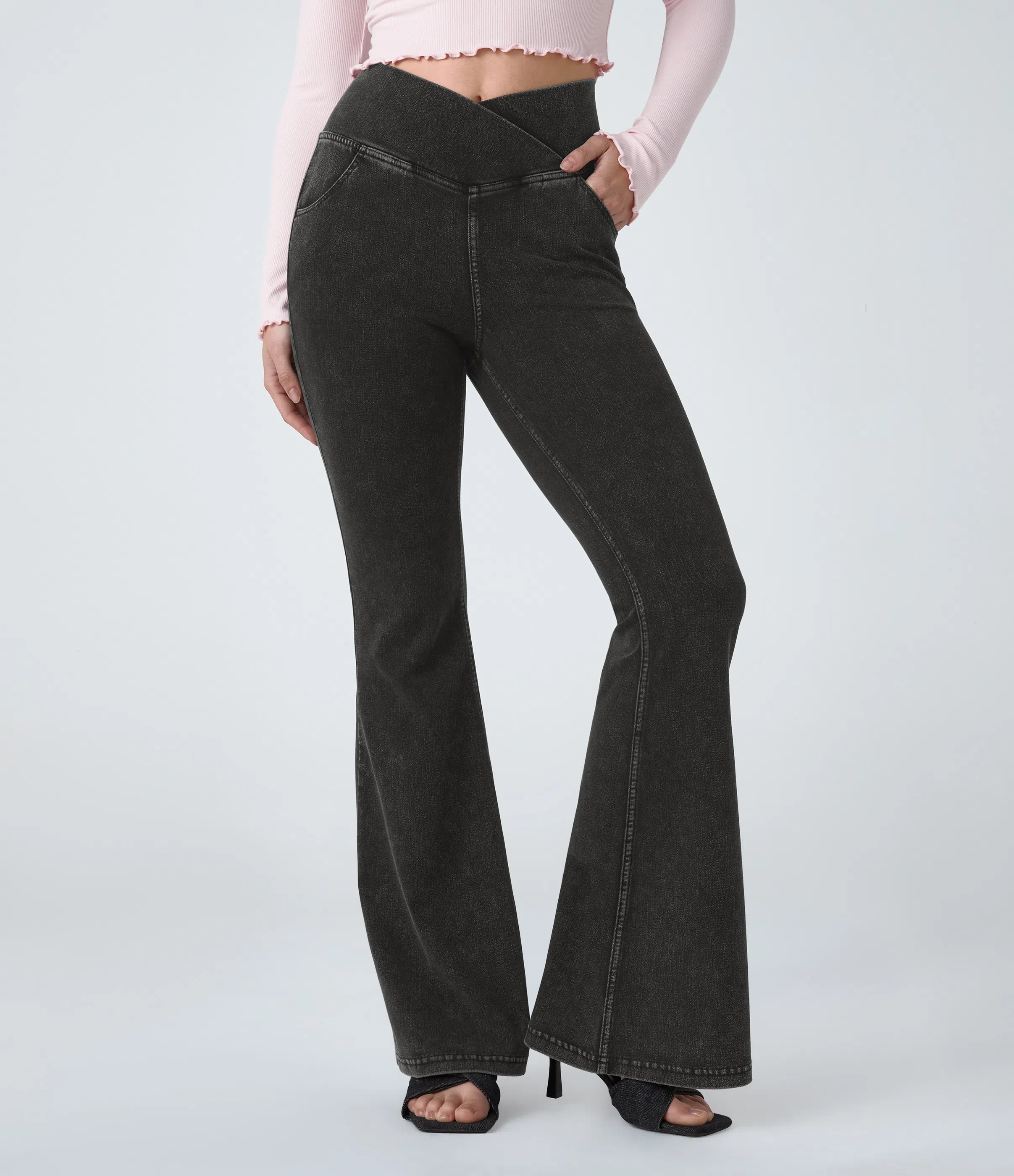 ⚡8 Packs for $25.95⚡- High Waisted Crossover Pocket Washed Stretchy Knit Casual Super Flare Jeans