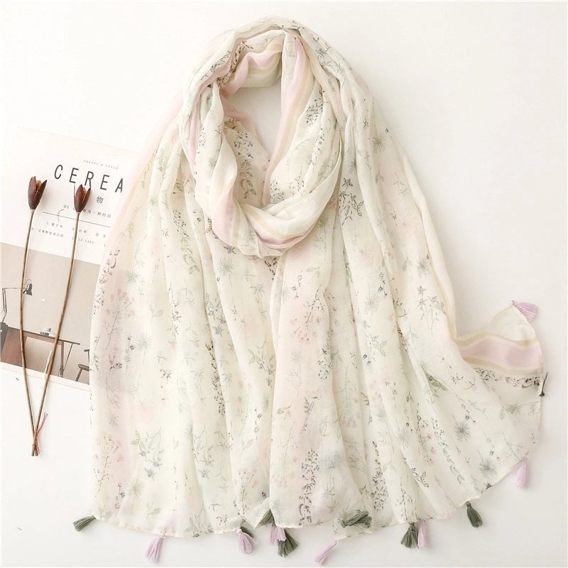 Yarn Cotton Fruit Green Bright Yellow Leaf Printing Tassel Scarf Shawl
