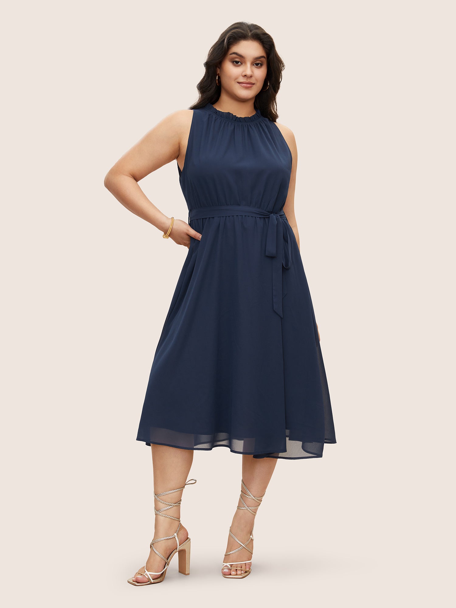 Plain Sleeveless Frill Trim Pocket Belted Mock Neck Dress