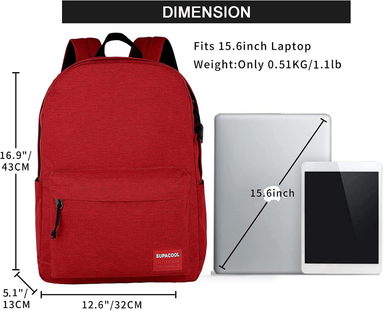 SUPACOOL Casual Laptop Backpack for Men and Women, School Backpack for Boys and Girls, College Bookbag, USB Charging Port, Lightweight Back Pack(Black)