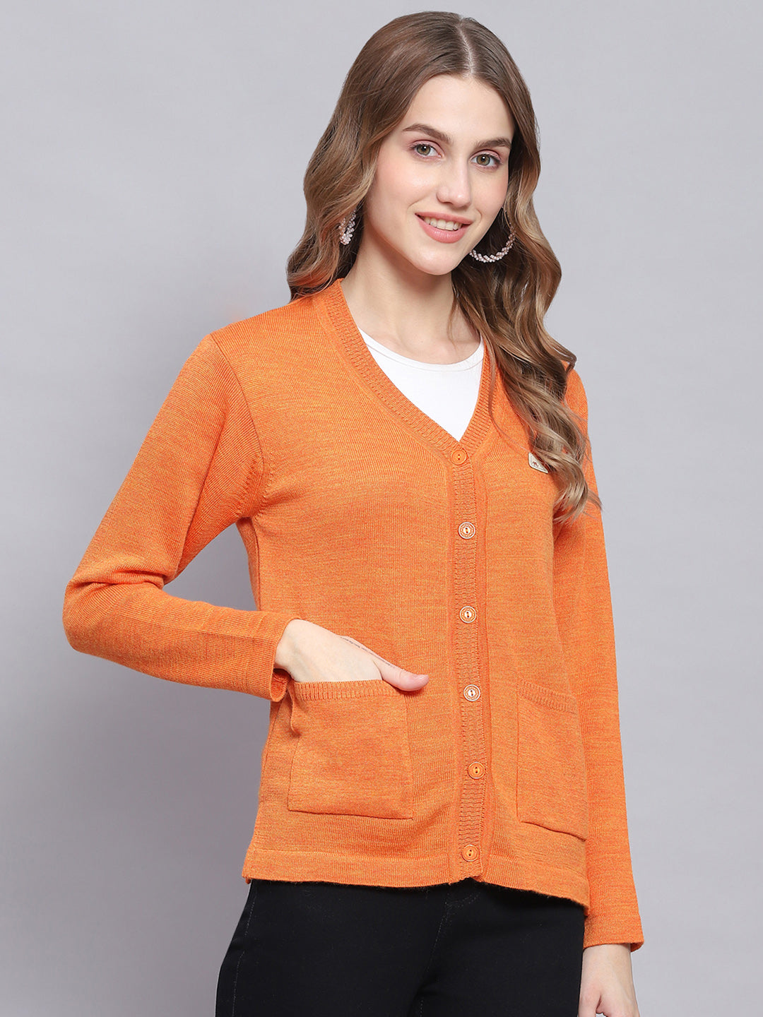 Women Orange Solid V Neck Full Sleeve Cardigans