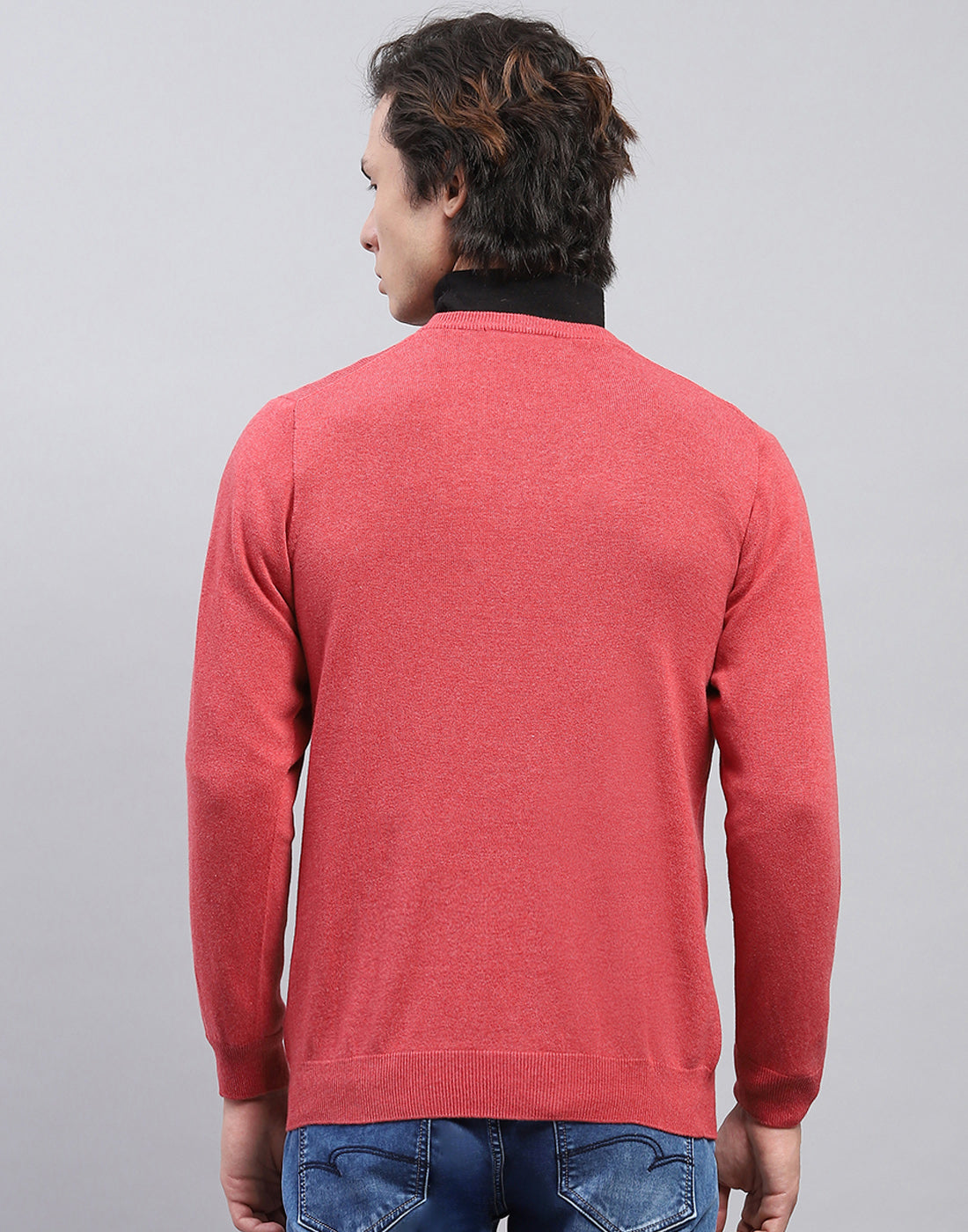 Men Pink Solid V Neck Full Sleeve Pullover