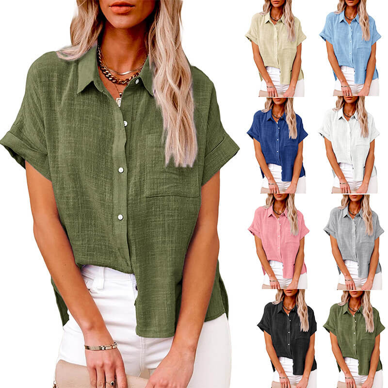 Solid color linen casual loose shirt short sleeve