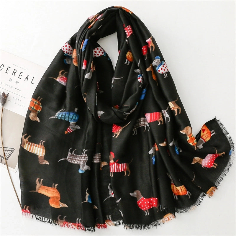 Autumn And Winter Cotton And Linen Feel Scarf Cartoon Fashion Dog Animal Scarf Warm Shawl Ladies