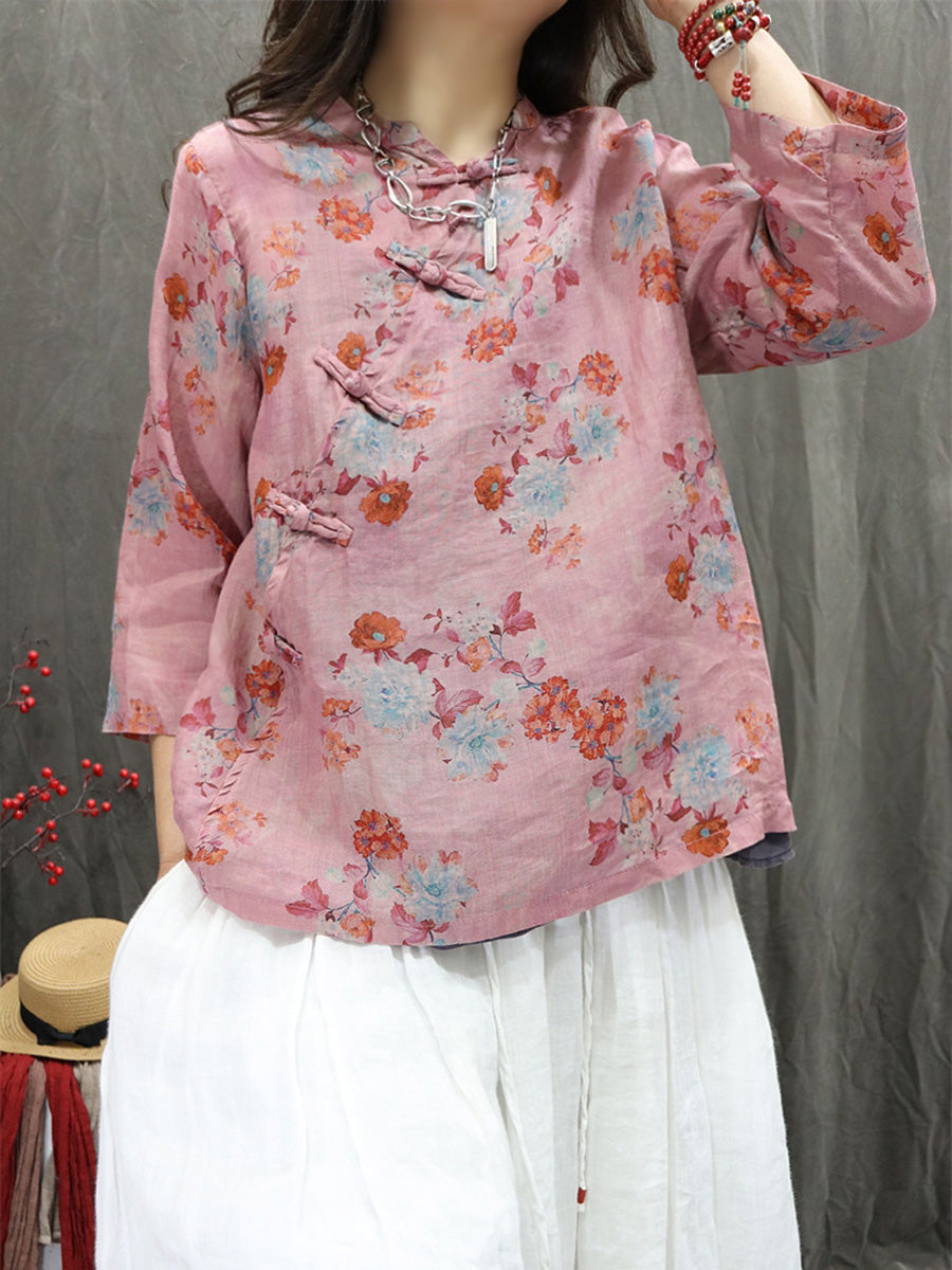 Women Summer Ethnic Stand Collar Flower 100%Ramie Shirt