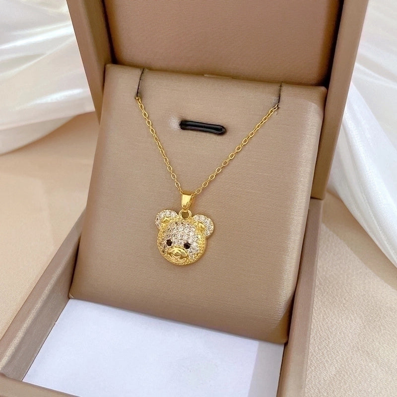 Minimalist Bear Titanium Steel Copper Plating Inlay Zircon Pendant Necklace