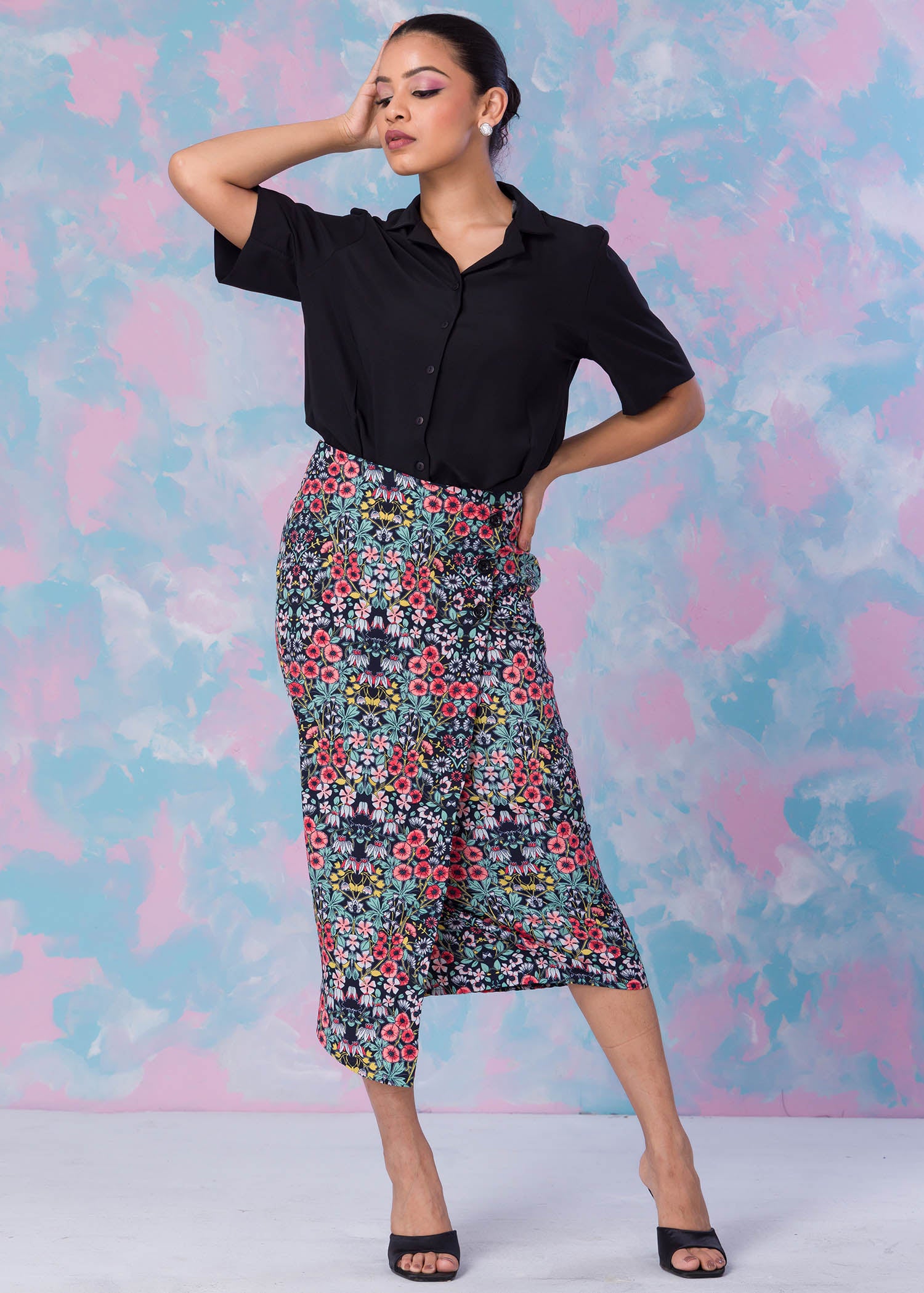 Printed Mock Wrap Skirt