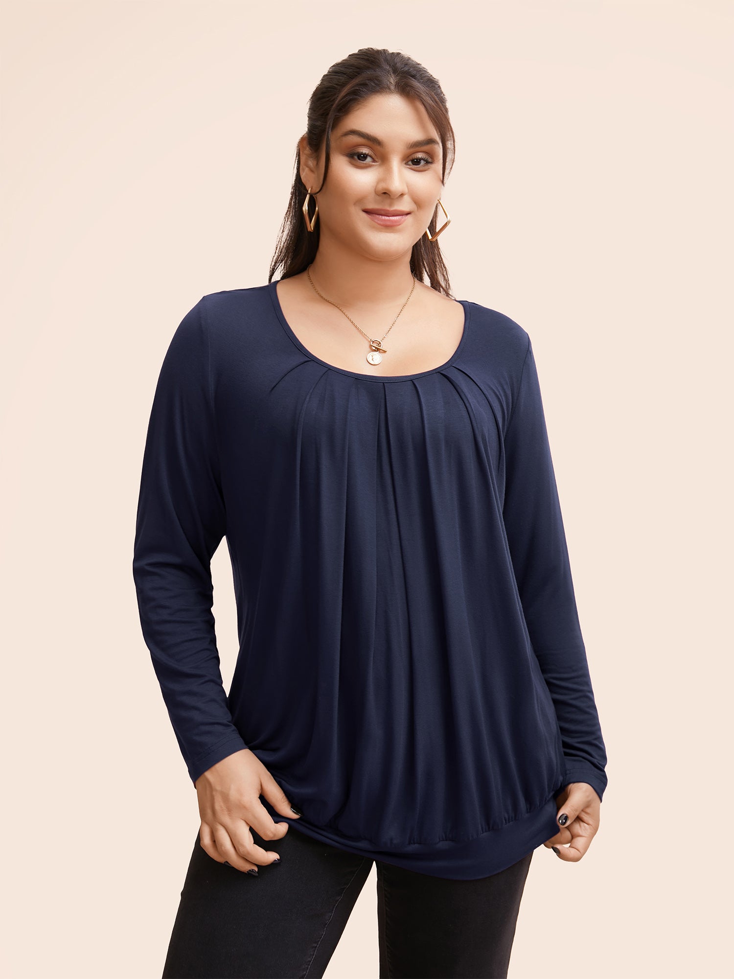 Plain Pleated Round Neck T-shirt