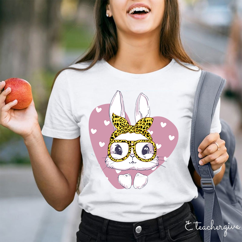 Bunny Face Leopard Glasses Poping Out Of A Heart Teacher T-Shirt