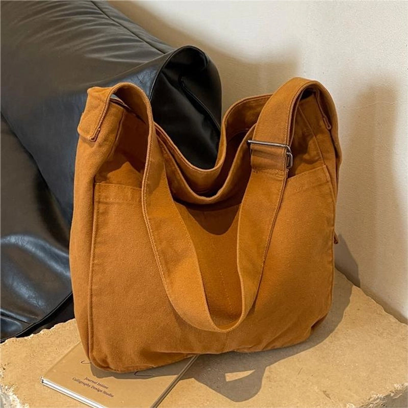 Women's Medium Canvas Solid Color Preppy Style Square Zipper Tote Bag