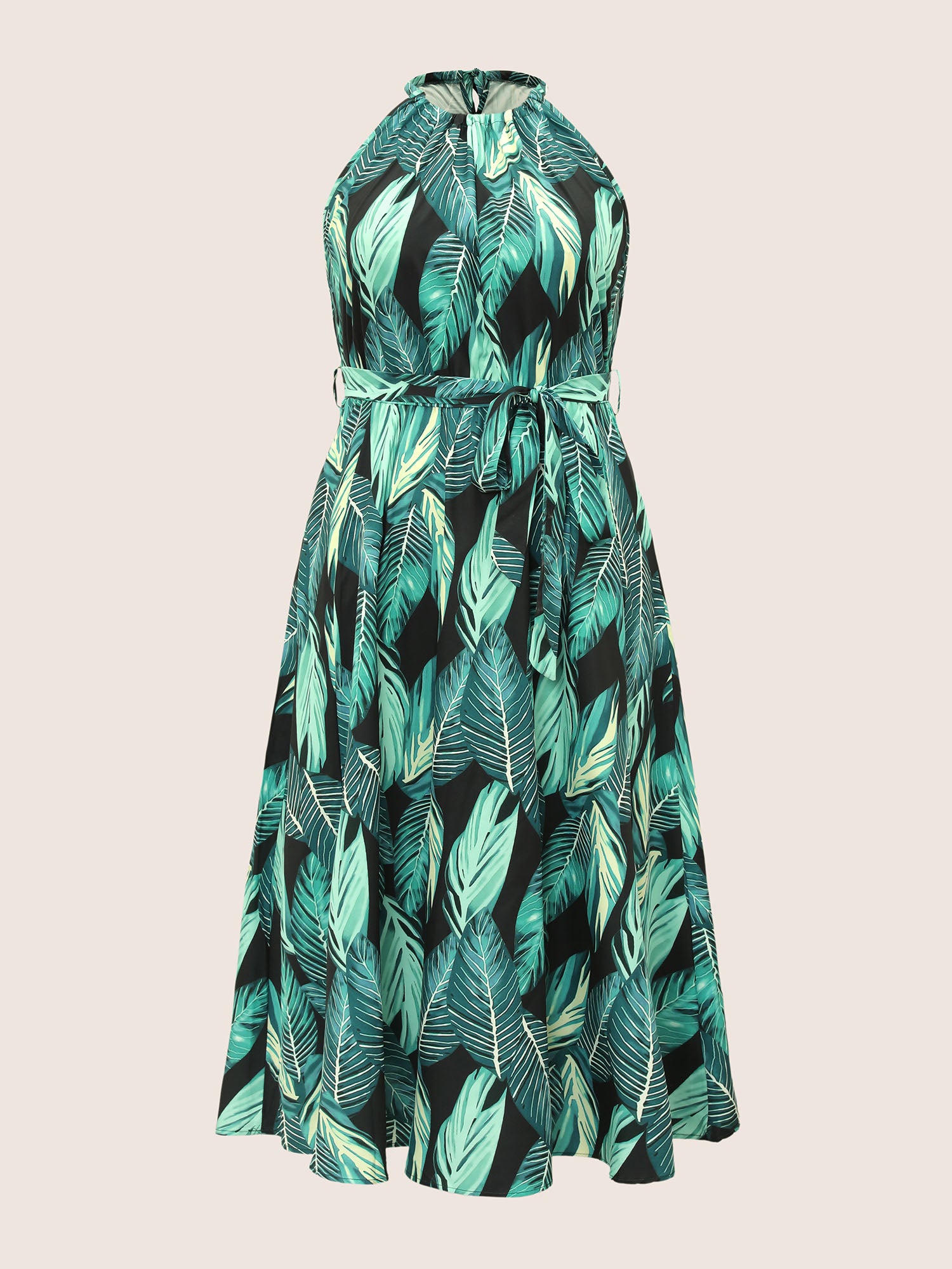 Tropical Print Knotted Pocket Ruffles Belted Halter Dress