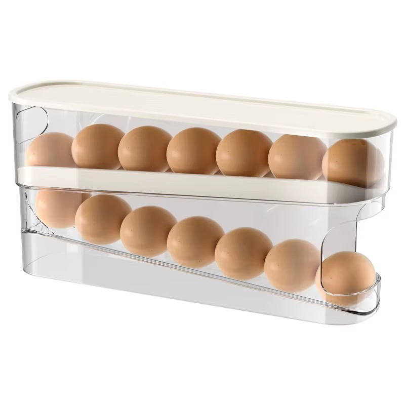 Wholesale 2 Tier Kitchen Automatic Rolling Egg Rack Storage Container Plastic Egg Tray Dispenser