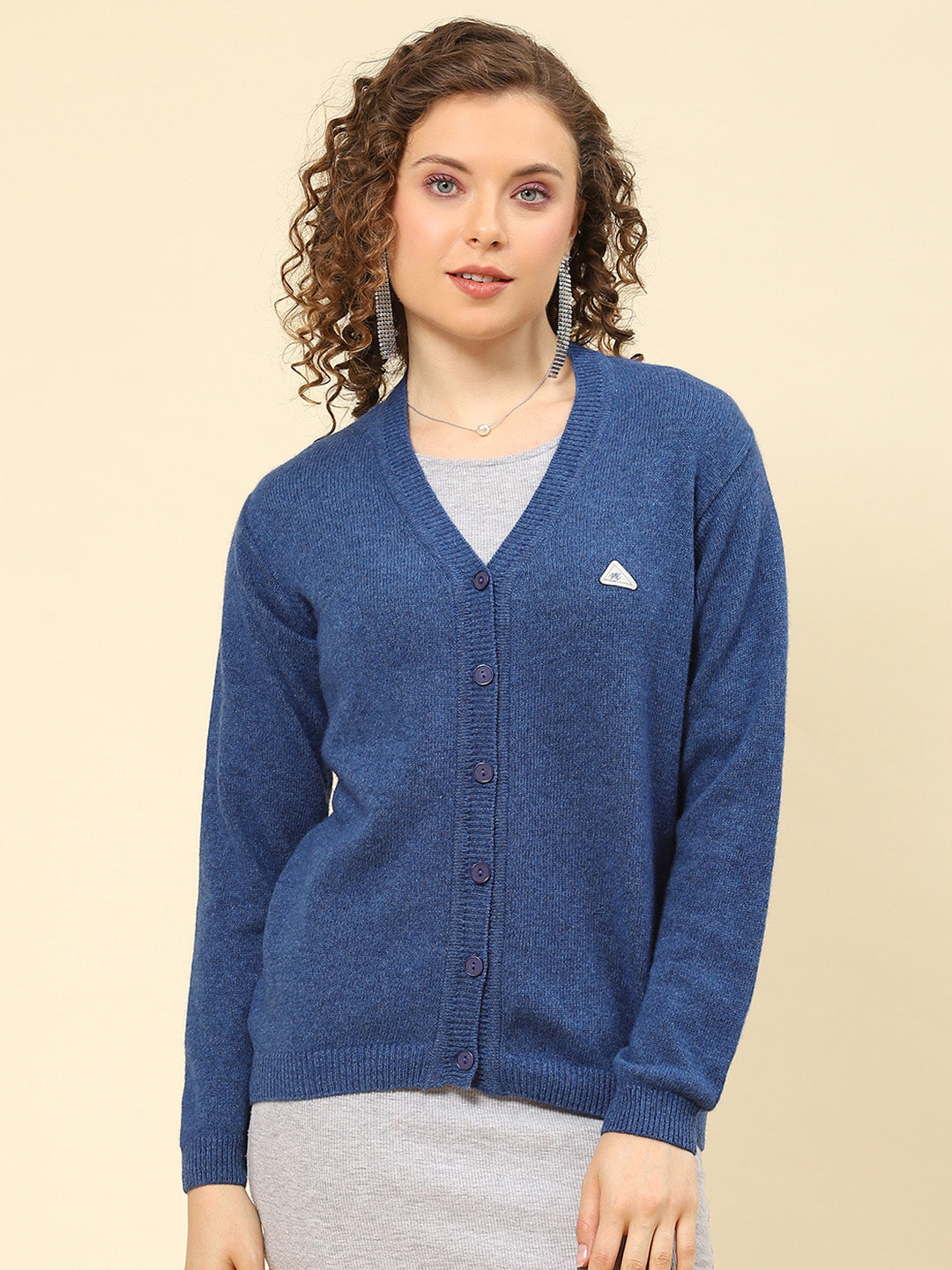 Women Blue Solid V Neck Full Sleeve Cardigan