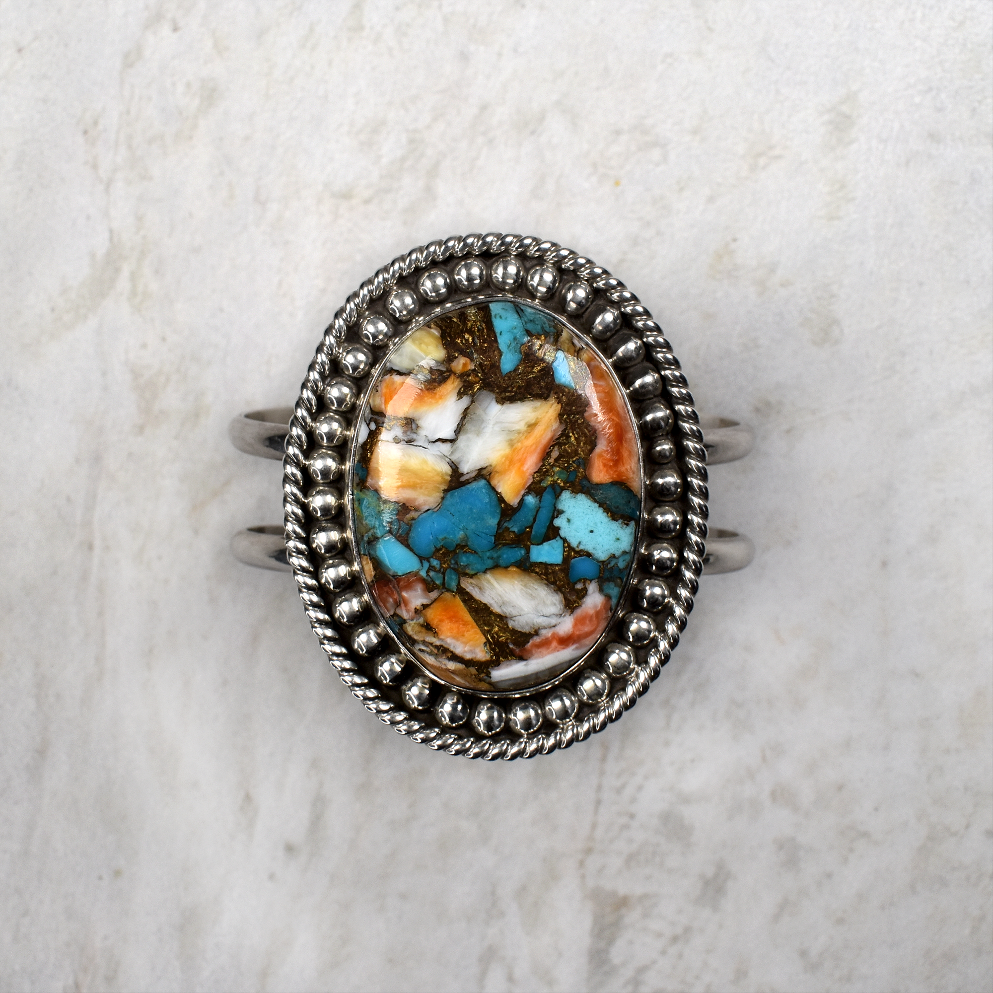 Kingman Turquoise. Spiny Oyster & Brass Composite Cuff by Raquel & Leonard Hurley