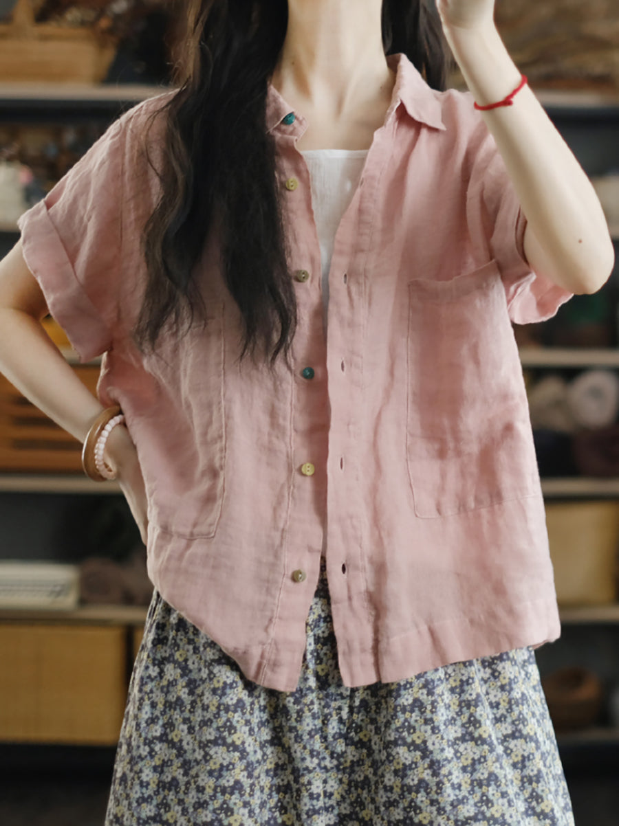 Women Summer Pure Color Turn-down Collar 100%Linen Shirt