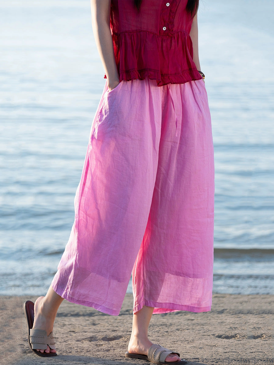 Women Summer Pure Color 100%Ramie Wide-leg Pants