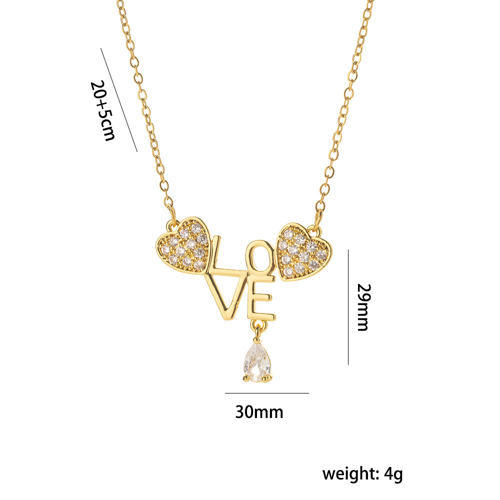 Diamond Letter Love Necklace Retro Fashion Design Heart-Shaped Clavicle Necklace